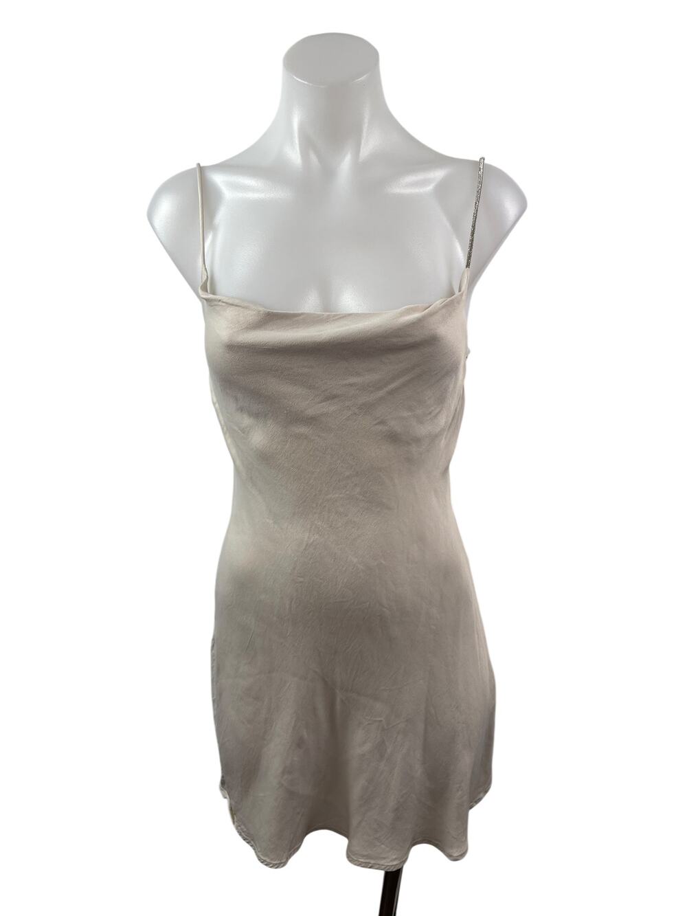 Zara Beige Silver Sleeveless Cowl Neck Cami Camisole Tank Mini Slip Dress Size S